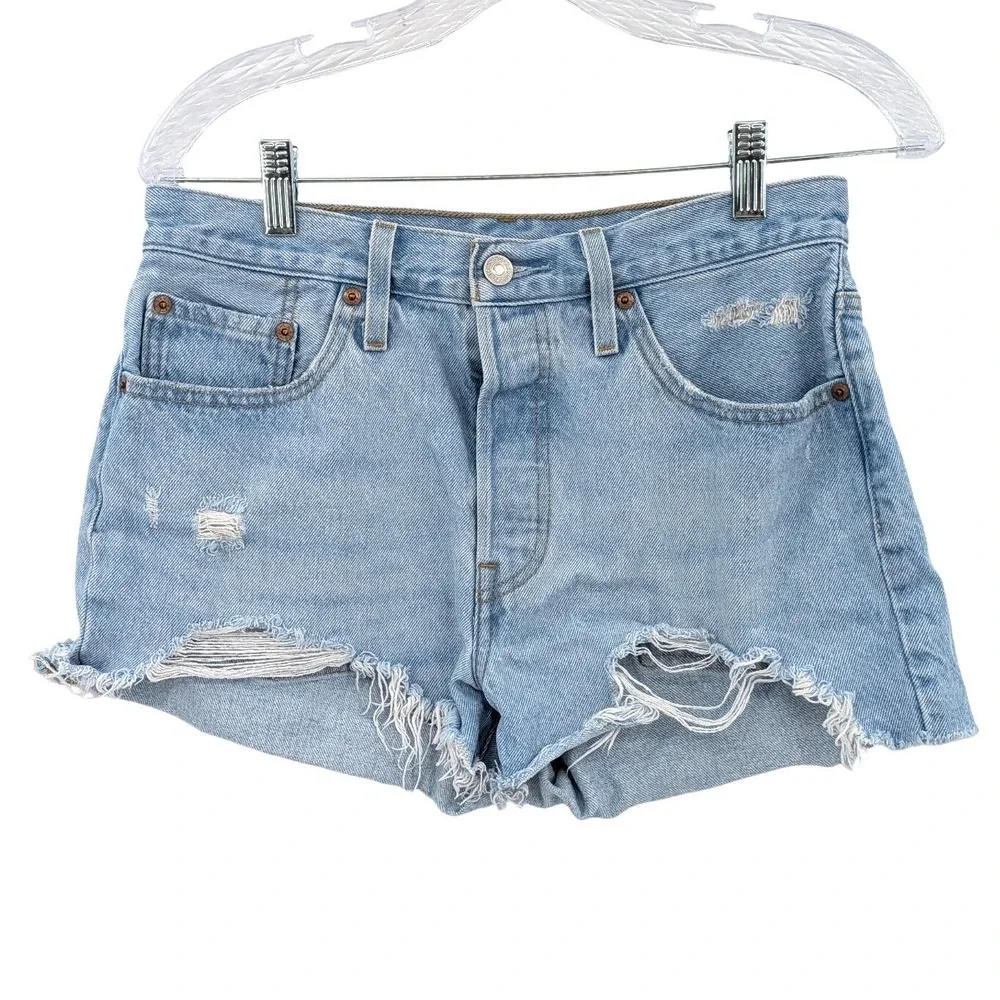 Levi's 501 Distressed Denim Shorts High Rise Cutoff Light Wash Women's W28
